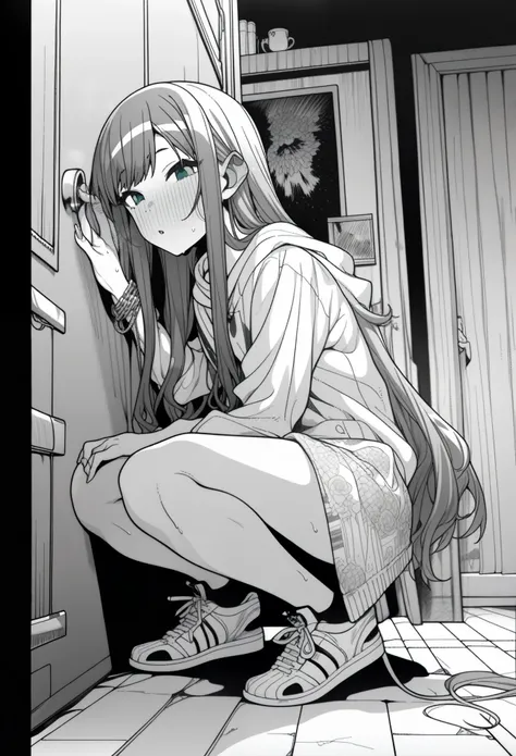 1girl, rei (reis room), moketa, erere, idolmaster, official art, gakuen idolmaster, shinosawa hiro, aged down, bracelet, hand on anothers leg, jewelry, long hair, sandals, shoes, sneakers, squatting, very long hair, absurdres, greyscale, hatching (texture)...