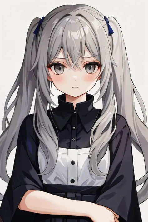 young girl with long light grey hair, grey eyes and has an emotionless expression