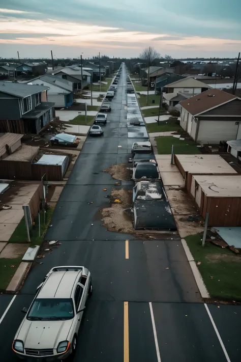 (explicit content warning) [(Masterpiece: 1.1, Best quality: 1.1), A birds eye view of a desolate 70s suburban street overrun by zombies, with abandoned cars and scattered belongings, survivors barricading themselves in a house, shot with a DJI Mavic Air 2...