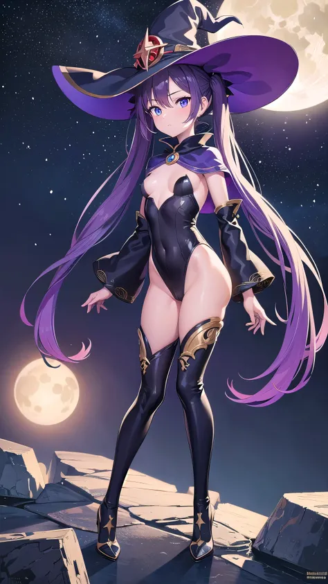 monamegistus, mona, blue eyes, hair between eyes, twintails, very long hair, purple hair, hat, (small breast:1.2), witch hat,
BREAK black bodysuit, black gloves, blue sleeves, bodysuit, capelet, covered navel, detached sleeves, gloves, high heels, leotard,...