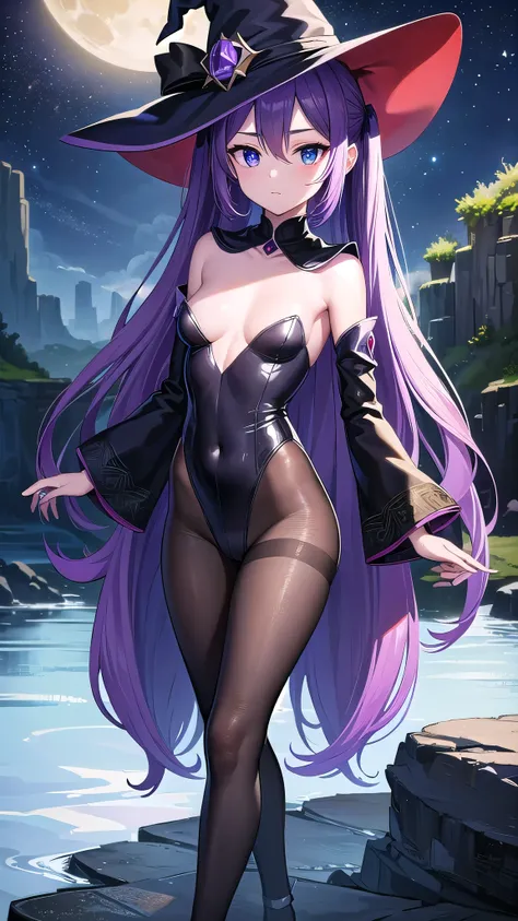 monamegistus, mona, blue eyes, hair between eyes, twintails, very long hair, purple hair, hat, (small breast:1.2), witch hat,
BREAK black bodysuit, black gloves, blue sleeves, bodysuit, black pantyhose,capelet, covered navel, detached sleeves, gloves, high...