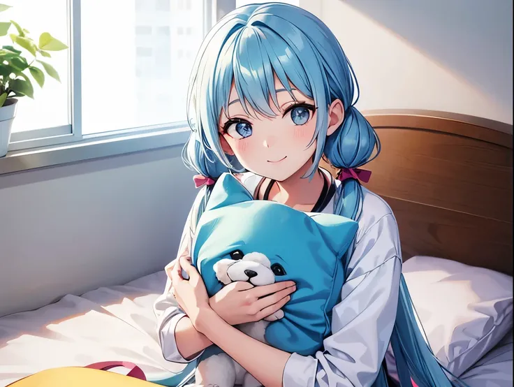 A beautiful girl with long light blue hair and twin tails, sitting on the bed while holding a cute body pillow, a bright smile adorned by Margaret, and a pet dog next to the bed.