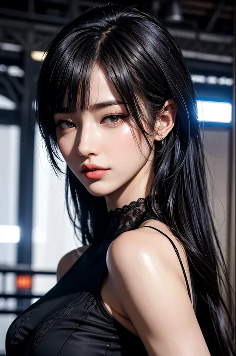 a girl，Cute and beautiful face，Long straight black hair，Long bangs cover the eyes，Long eyelashes，(beautiful eyes)，Small Eyes，(Dark lipstick)，(Dark eyeshadow)，slim，Slender limbs，Black spaghetti strap dress，Inside the old train station，clean focus，Shallow de...