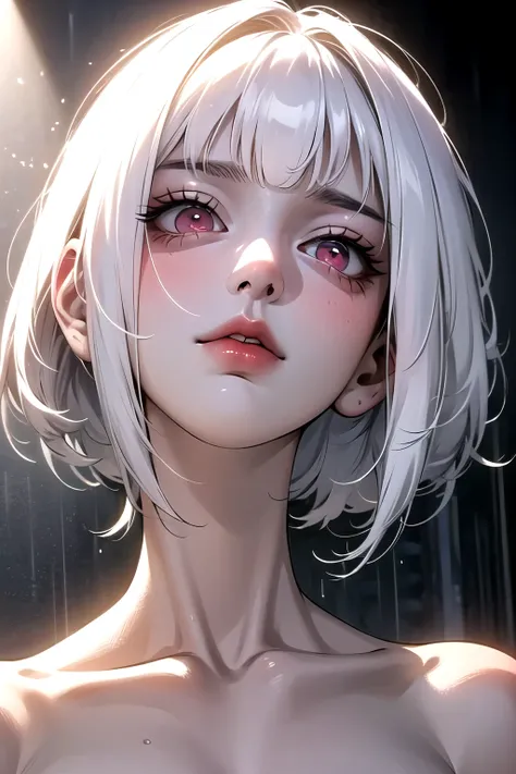 ((best quality)), ((masterpiece)), (detailed), 1girl, girl looking up in the middle of rain. White hair. Short hair. Pink eyes. Sad vibe. Sad face. Topless.