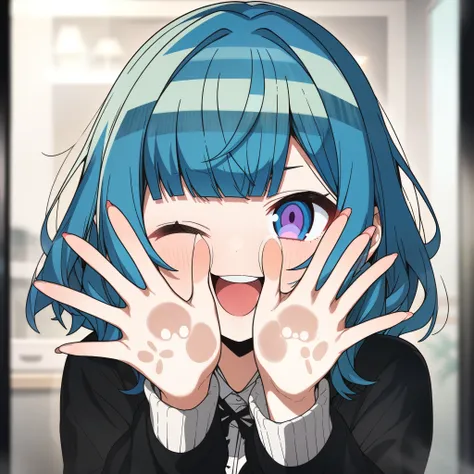 1girl, erere, absurdres, official art, absurdres, vspo!, tsumugi kokage, ;d, against fourth wall, against glass, blue eyes, blue hair, blunt bangs, cheek press, glass writing, long sleeves, looking at viewer, one eye closed, smile, solo, upper body, virtua...