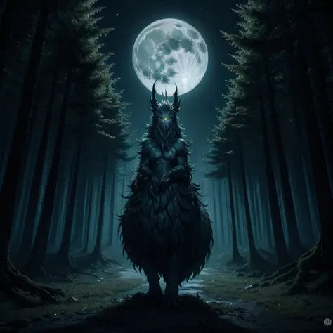 mythology artwork, animation, obscure monsters in shape of trees in dark forest with full moon 🌕