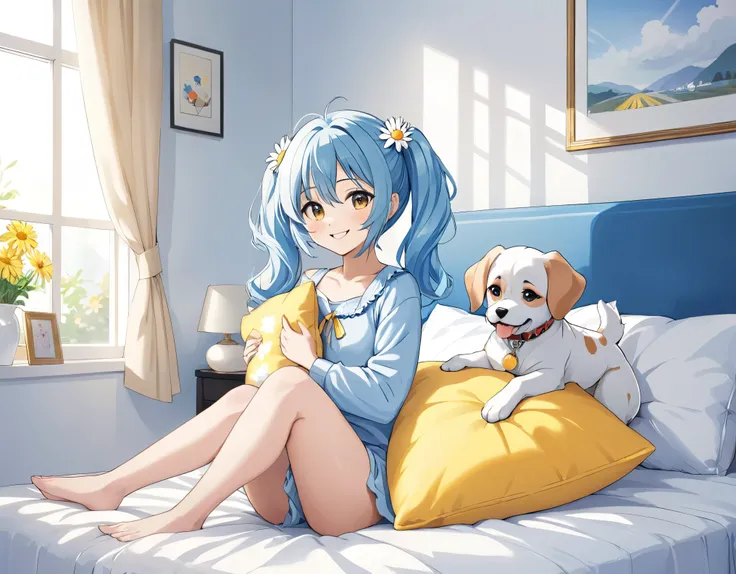 A room decorated with lots of daisies、The morning sun is shining、Long light blue hair、Beautiful girl with twin tails、Sitting on the bed holding a big cute pillow、Bright smile、Bright smile、There is a dog next to the bed.