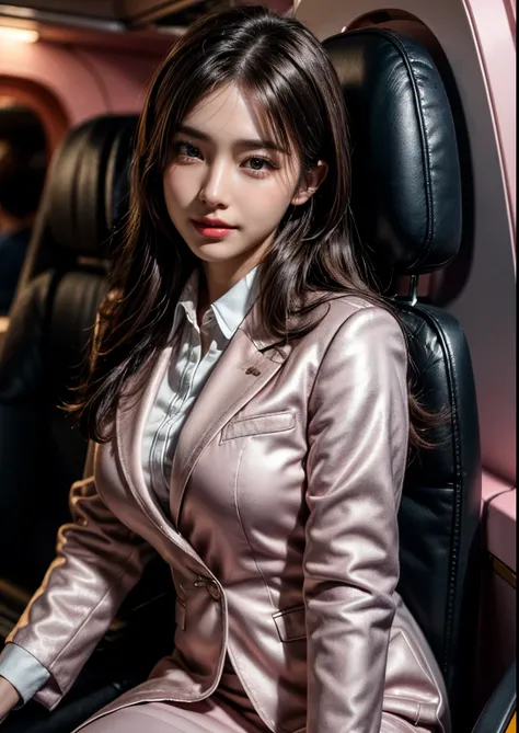 a beautiful Korean young Airhostess girl, (((18 years young girl))), detailed face with beautiful eyes and lips, long black hair, stylish hair, hair pin, romantic Eyes, beautiful eyes, smiley face, happy face, glow face, super round young breasts, beautifu...