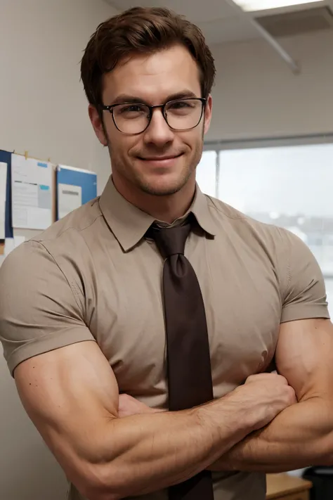 zeke_yeager, office, necktie, jacket, soft smirk sexy, hairy arms, sleeves rolled up, glasses, muscular, 