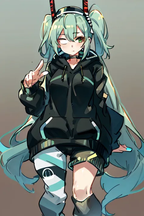 woman, 25 years old, half-leather, anime style, aqua green hair, long and curved at the ends, with a patch over one eye, wearing...