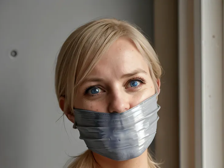 german blonde woman, blue eyes, improvised gag, tape gag, gagged, panic, grey vinyl tape, frightened,