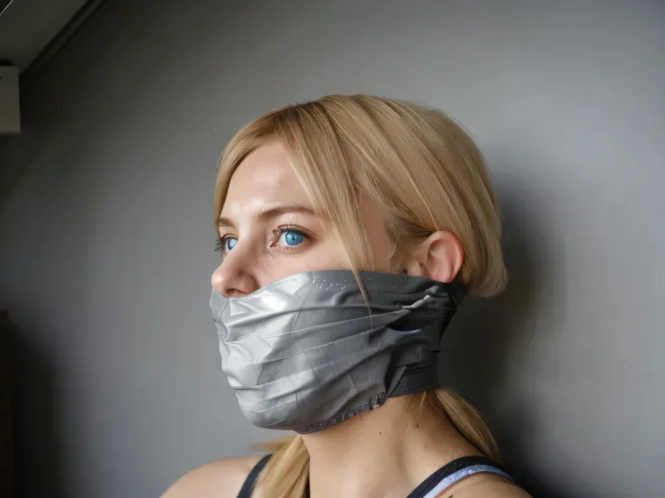 german blonde woman, blue eyes, improvised gag, tape gag, gagged, panic, grey vinyl tape, frightened