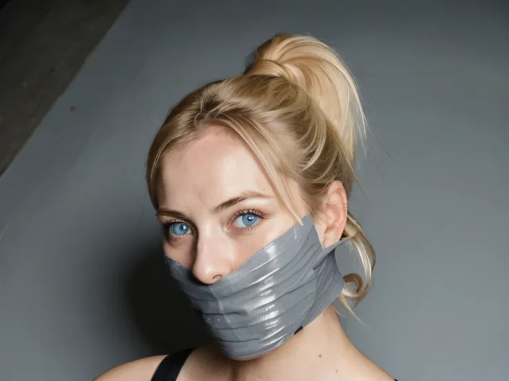 german blonde woman, blue eyes, improvised gag, tape gag, gagged, panic, grey vinyl tape, frightened, hair ponytail