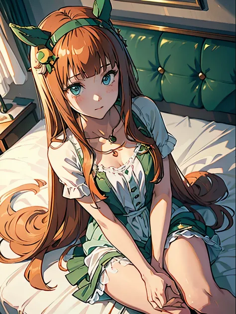 aasuzuka, long hair, animal ears, 1 girl, Solo, Cute Girl,Best Quality, Ultra-detailed, 8K, High resolution, detailed face, sitting on the bed, (((negligee,)))