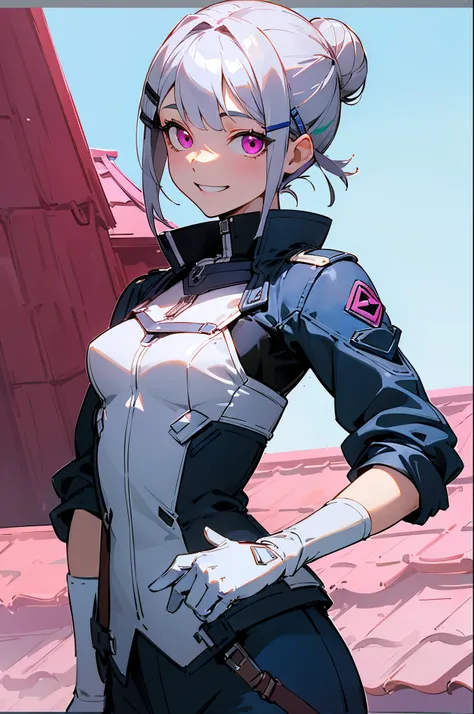 (highest quality、Extra fine、genuine)、1 girl、riders jacket、small breasts、Silver short bob hair clip tied into a bun、pink eyes、From the side、gloves、grin、building roof roof、blue sky、upper body close-up、sharp outline
