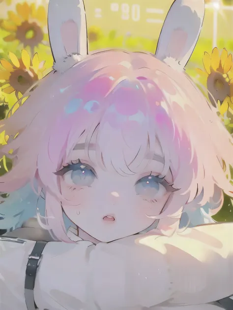 (High quality) (best quality) (A woman) (correct physiognomy) (perfect pupils) (perfect eyes) anime woman, deep pink hair, long and fluffy, two bunny ears coming out of her head, eyes of  color blue, sensitive lips, feminine appearance, soft facial feature...