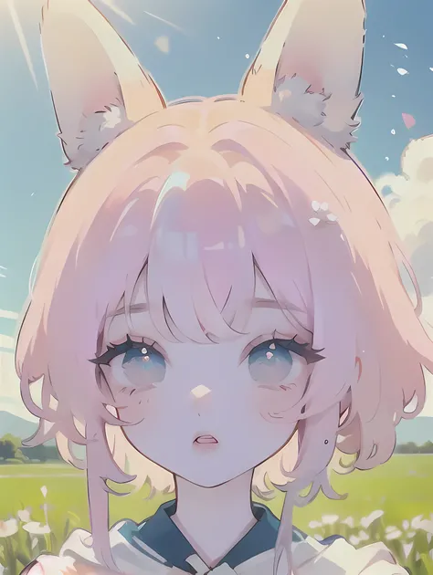 (High quality) (best quality) (A woman) (correct physiognomy) (perfect pupils) (perfect eyes) anime woman, deep pink hair, long and fluffy, two bunny ears coming out of her head, eyes of  color blue, sensitive lips, feminine appearance, soft facial feature...