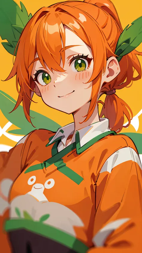 Orange clothes、Orange Hair、ponytail、Beautiful green eyes、Wicked Smile、Shrimp mascot、Upper body close-up