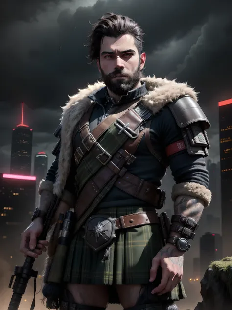 “Ultra-realistic RAW portrait of a traditional Scottish 1 man, male, solo, very hairy, with a large brown beard and short hair in a military-style cut, reimagined in a cyberpunk setting. He is wearing futuristic Scottish Highland attire, including a kilt w...