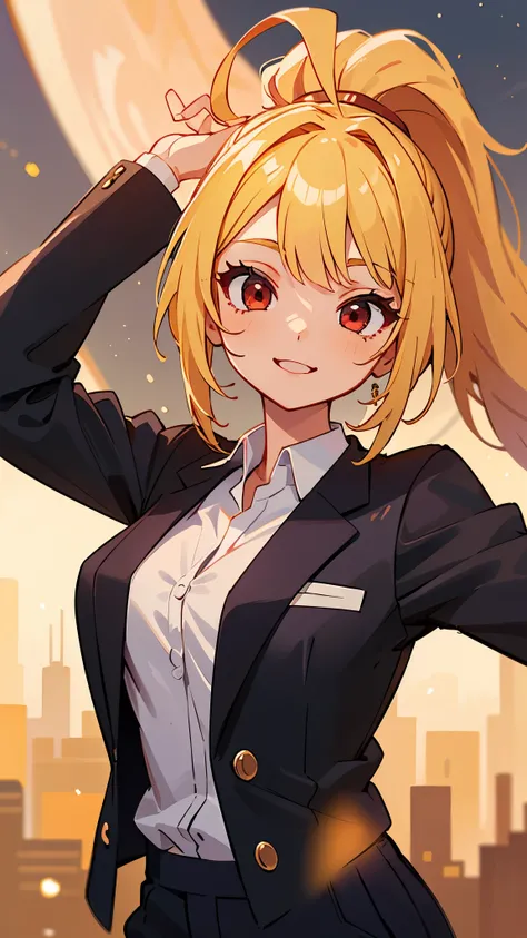 1 Girl、、Sharp focus、(Bokeh) (Highest quality) (Detailed skin:1.3) (Intricate details) (anime)、 age、Blonde ponytail、Ahoge、Beautiful red eyes、smile、White shirt、Black work trousers、Black Fitted Blazer、Slender body,Upper body close-up、Golden Hour Sky