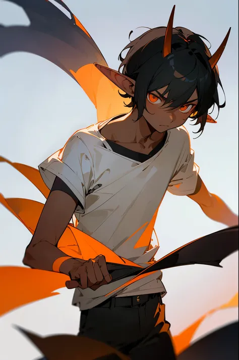 (1boy,10 years,solo),serious,(dark skin),((white shirt,short sleeves,black shorts)),Short hair,black hair,elf ears,(horns),(white background),looking to the view,portrait,orange eyes
