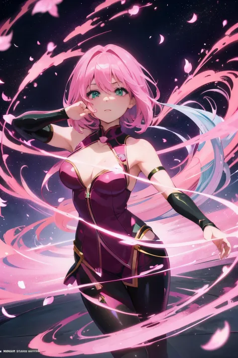 Anime girl with pink hair and green eyes posing for a photo, Haruno sakura, Best anime 4k konachan wallpaper, Enchanting anime girl, I also make fan art, sakura petals around her, Splash Art Anime , Anime Style 4k, Anime Moe Art Style, High quality anime a...