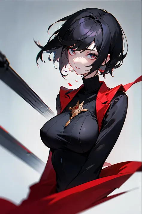 From the chest to the face, fate drawing, tall woman, 20s, solo solo, parted in the center, black hair, short hair, long eyes, narrow eyes, beautiful eyes, red jacket, black sweater, gun, big breasts, upper body only