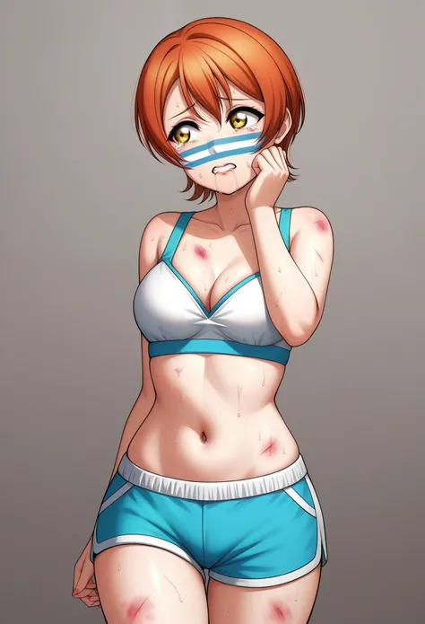 Masterpiece, sksrin, beautiful , facial details, 8k wallpaper, Rin Hoshizora Love Live, short hair, white gym bra, micro shorts , wrestling outfit,(lipstick:0.8), (face paint), defeated, beaten up, moist skin,thin waist ,short girl, skindentation , looking...