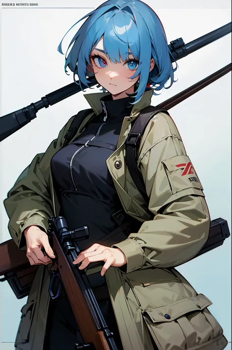 holding a long bolt action rifle over her shoulder, heterochromia, 1eye (blue), 2eye (red)