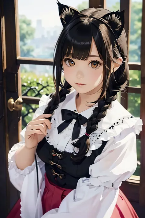 Highest quality、High resolution、Detailed Background、(Beautiful face in every detail:1.4)、Anatomically correct、(Detailed eyes:1.2)、Teenage Girl、Highly detailed face、cute hair color、Braided bob cut、Braided Ponytail、Braided twin tails、(Huge breasts:1.2)、Perfe...