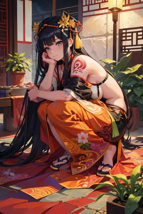 Ancient Chinese Beauties, Attractive temperament, Flowing long skirt, Clear Face, Beautiful Eyes, Around the sweet osmanthus, A well-proportioned masterpiece with perfect body structure, Very detailed, A magnificent composition, Color tattoo art, New Tradi...