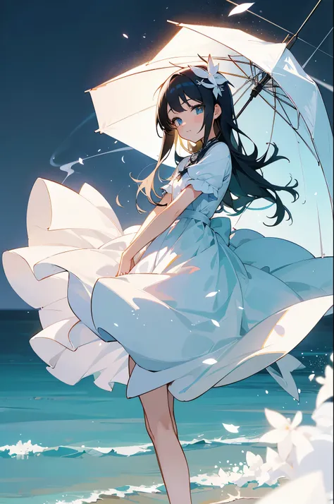 (best qualityer, Masterpiece artwork), Kizi, アニメ, Kizi, wall-paper, ocean, glitter, white gown, white color in dress, particles, white petals, muka, simple light background, checkered background, minimalistic background, gazing at viewer, bee, Calm Sea.
