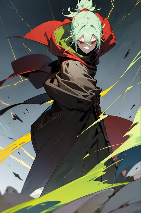 1male, bright green hair, man bun, red eyes, sith clothing, dark clothing, armored clothing, dark cloak, battle background, warring background, walking on path, (((lightning aura)))
