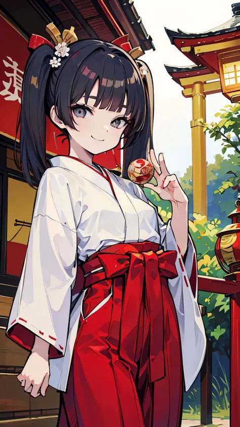 (masterpiece、Highest quality、Very detailed))、One girl、Black Hair、twintails、blunt bangs、Grey Eyes、evil smile、((Small breasts))、((White kimono))、((Red Hakama))、Cowboy Shot、shrine