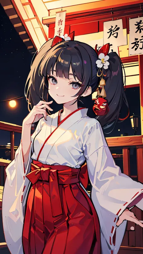 (masterpiece、Highest quality、Very detailed))、One girl、Black Hair、twintails、blunt bangs、Grey Eyes、evil smile、((Small breasts))、((White kimono))、((Red Hakama))、Cowboy Shot、Fox Mask、((night))、shrine
