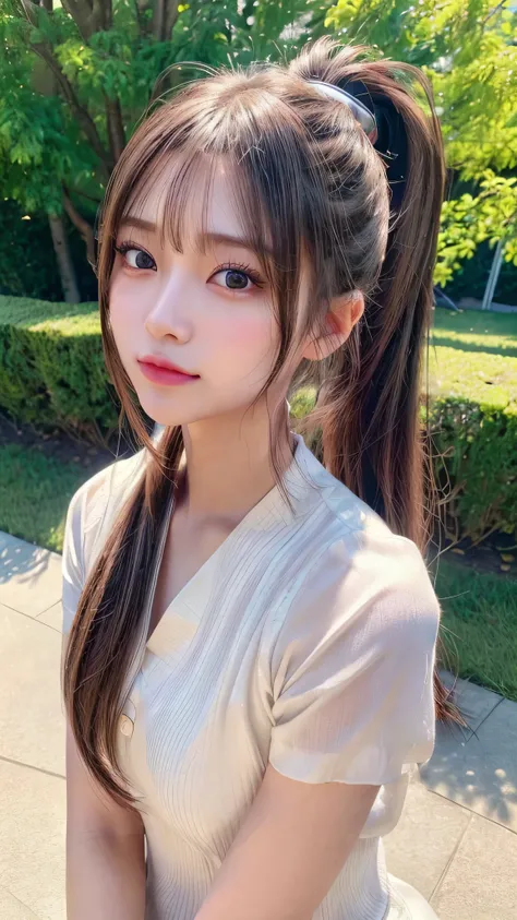 One piece with collar,outdoors,Urban Park,On the lawn,Ultra-detailed, finely detail, hight resolution, 8K Wallpaper, Perfect dynamic composition, Beautiful detailed eyes,Outdoor,Close-up of face,Outdoor,Blushing,Facing forward,,Long hair ponytail,((8k, Raw...