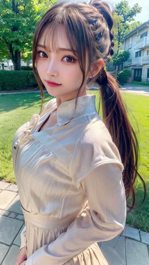 One piece with collar,outdoors,Urban Park,On the lawn,Ultra-detailed, finely detail, hight resolution, 8K Wallpaper, Perfect dynamic composition, Beautiful detailed eyes,Outdoor,Close-up of face,Outdoor,Blushing,Facing forward,,Long hair ponytail,((8k, Raw...