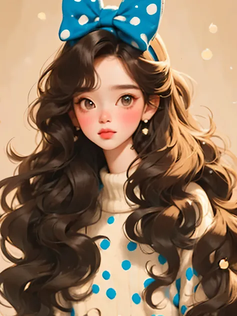 (masterpiece, best quality:1.2),a beautiful girl，Skin detail processing，The eyes are finely described，Delicate hair，wavy long hair，Long light hair，Wear a large bow on your head，Black Sweater，white dots，Retro contrasting colors，clean background