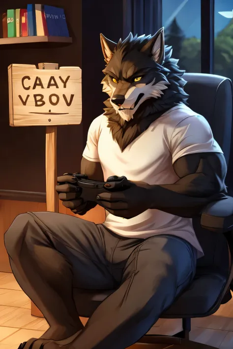 werewolf sitting playing xbox while holding with one hand a sign that has the words gavudon written on it