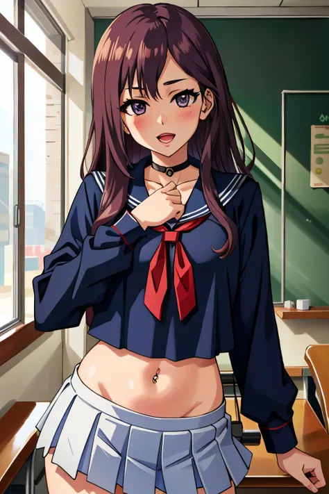  Yagami Makino, 1girl,  bracelet,  jewelry, long hair, purple eyes, purple hair, choker, blush, lipstick, masterpiece, best quality, highly detailed, a anime girls in sailor uniforms with a gun posing for a picture,
evil smile, smile, open mouth,black_sera...