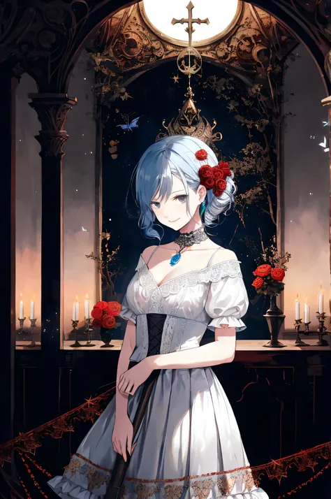 ((best quality)), ((masterpiece)), (detailed), 1girl, Character design, female, dynamic poses, long blue hair, grey white eyes, very skinny, detailed, best quality, no accesoires around the neck, prominent collarbones, skinny arms, upper body, blank white...