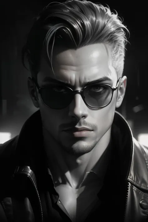 An Instagram-stylized portrait of Tyler Durden, the enigmatic anti-hero, dons sunglasses and holds a cigarette in an air of nonchalance against a dark and dimly lit background. The background subtly reveals itself to create a tantalizing sense of mystery, ...