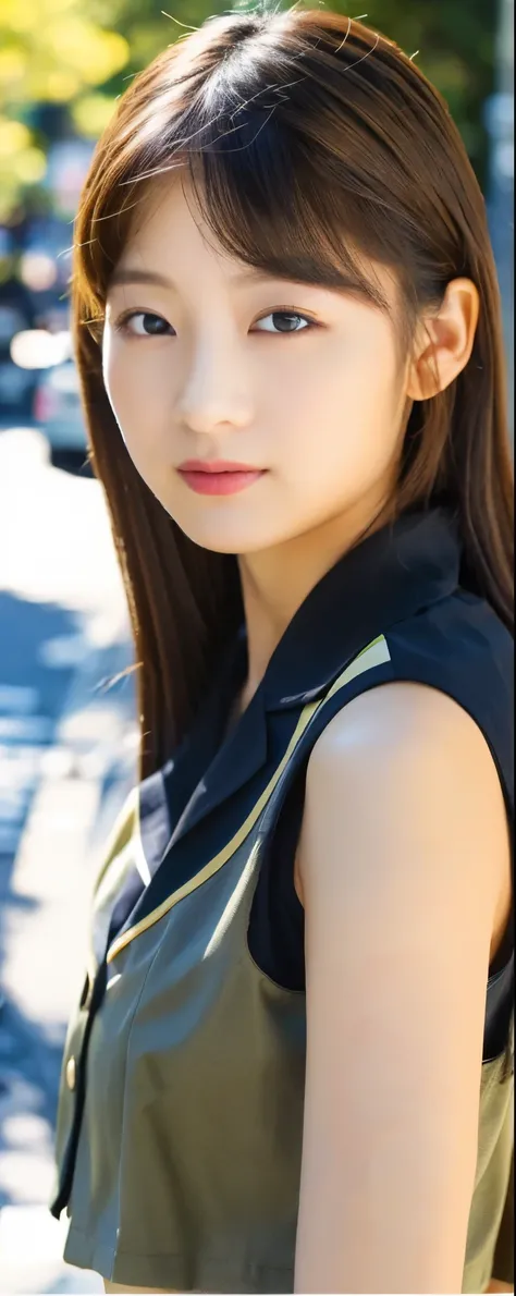 ((top-quality, 8K, masterpiece:1.3)), sharp focus:1.2, Beautiful Women in Perfect Style:1.4, Slender Abs:1.2, sull body, wearing sleeveless shirts wide pants, ((dark brown hair:1.2)), (natural soft light, City Street:1.1), Highly detailed facial and skin ...