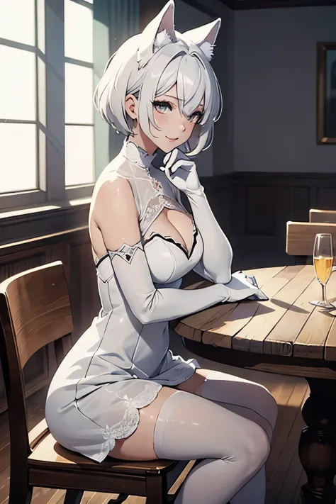Tabletop high resolution 最high resolution 8K Adult women Portraiture White long gloves((Blanche)(Elbow Gloves)) White Stockings(Blanche) pumps White Dress((Sexy)(Blanche)) White wolf ears short hair((shortcut)(Gray Hair)(Perm)(fluffy)) Eye is blue ((Laug...