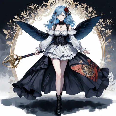 ((best quality)), ((masterpiece)), (detailed), 1girl, Character design, female, dynamic poses, ((long blue hair)), grey white eyes, very skinny, detailed, best quality, no accesoires around the neck, prominent collarbones, skinny arms, full body, blank wh...