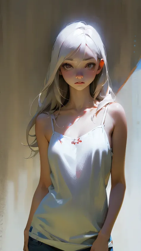 low leg、low rise、fearful expression、(((realistic images)))、translucent white skin、white camisole、((girl&#39;the upper body is vi...