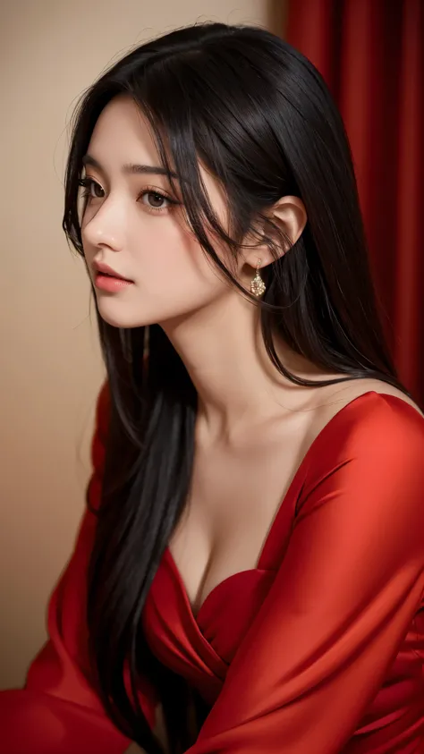 Beautiful black-haired girl with brown eyes and long hair in red dress close up on face photo shoot 