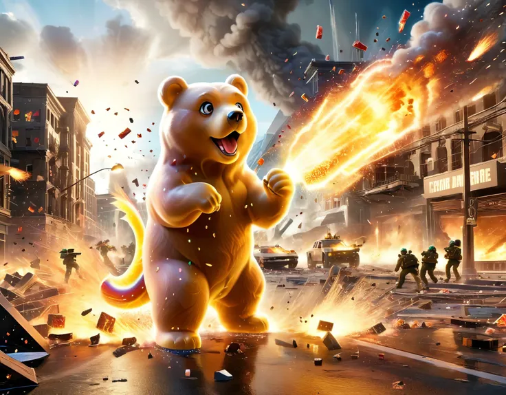 High-resolution 3D scene, epic battle, Los Angeles under attack, giant gummy bears, massive destruction, military defense, explosions, action-packed, intense combat, surreal scenario, cinematic experience, gummy bear invasion, chaos in the city, dramatic l...