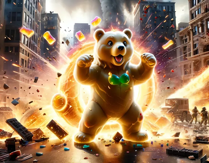 High-resolution 3D scene, epic battle, Los Angeles under attack, giant gummy bears, massive destruction, military defense, explosions, action-packed, intense combat, surreal scenario, cinematic experience, gummy bear invasion, chaos in the city, dramatic l...