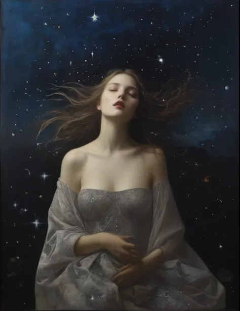 James Gurney, Surrealist art , dream-like, mysterious, Provocative, symbolic, Complex, detailed,, (Gothic but very beautiful:1.4), (masterpiece, Highest quality:1.4) , Nicola Samori Style,  Starry Sky、woman、I